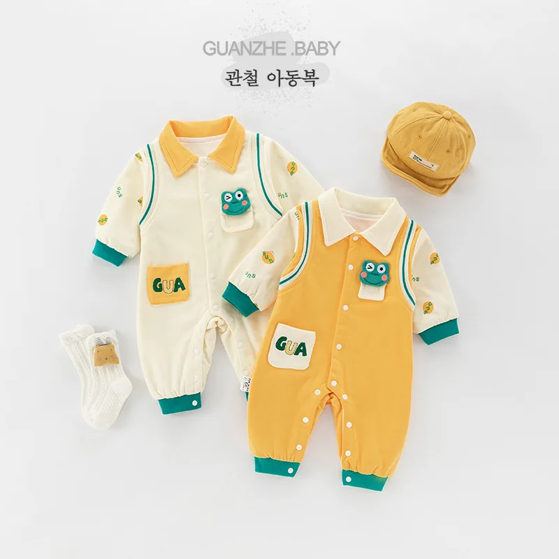 Infant Boys Jumpsuit Autumn 100% Cotton Turn Down Colllar 3D Frog Striped Newborn Boys Romper Patched Letter Baby Boys Onesies