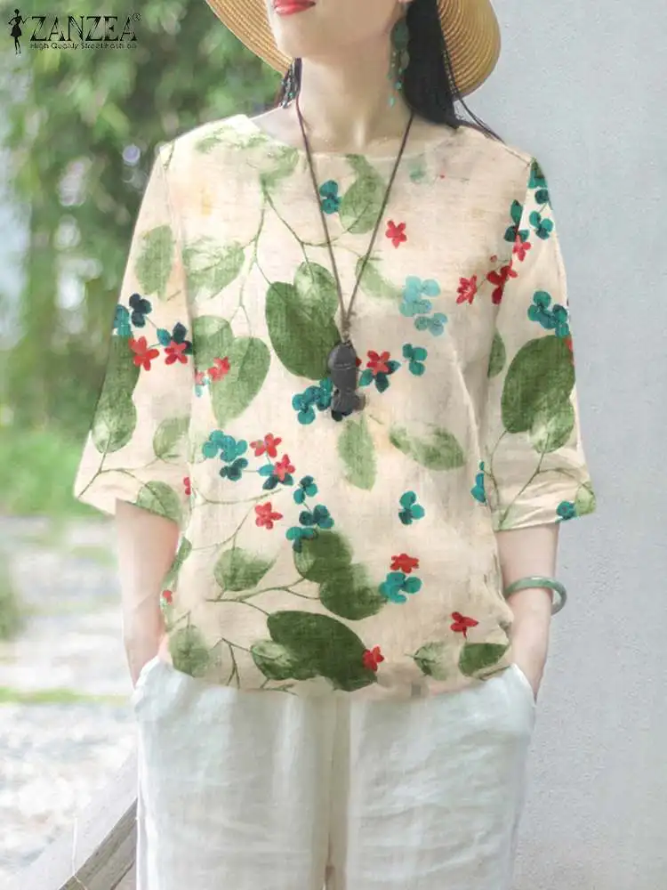 ZANZEA Bohemian Crewneck Blusas Women Floral Print Blouse Fashion Casual Loose 3/4 Sleeve Shirt 2024 Autumn Holiday Chic Tops