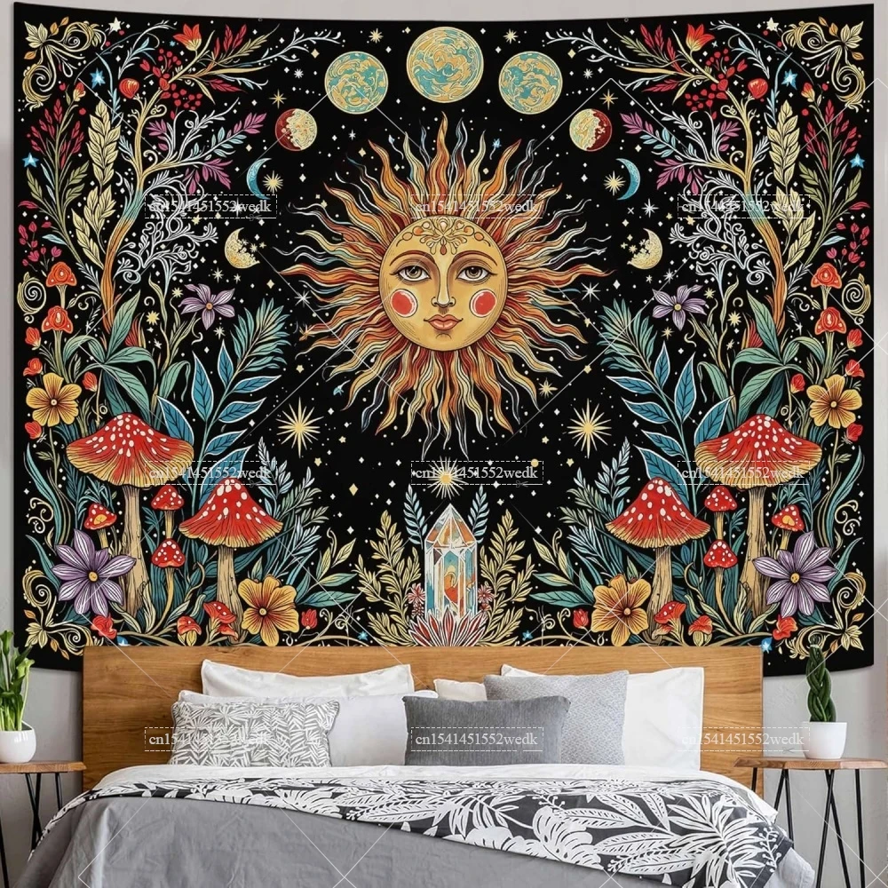 Boho Sun And Moon Tapestry Hippie Mushroom Floral Tapestries For Bedroom Celestial Plant Tapestrys Wall Art Aesthetic Background