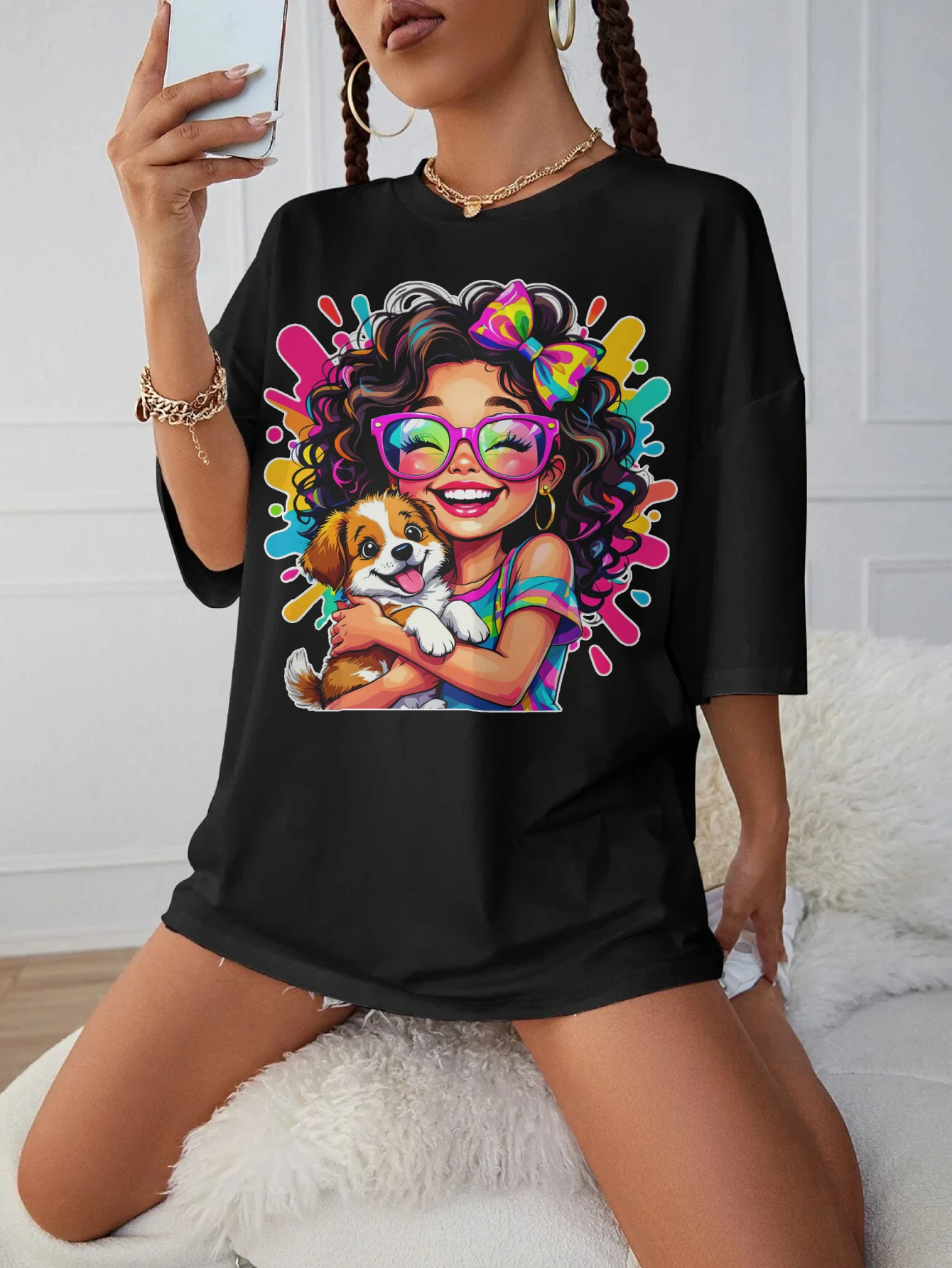 

Happy-Girl-Puppy Black Round Neck Maternity T-Shirt Loose Fit Comfortable Summer Clothes for Late Pregnancy