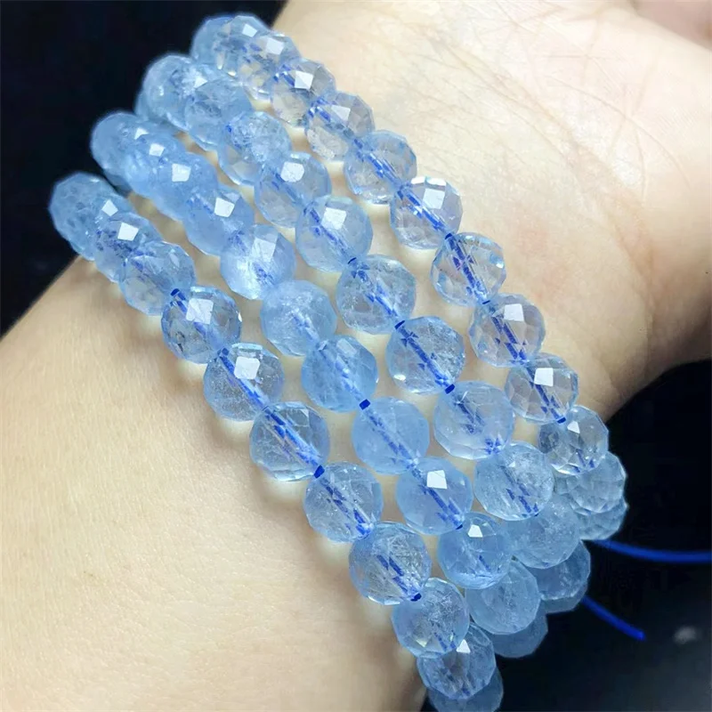 

Natural Faceted Aquamarine Bracelet Handmade Yellow Crystal Quartz Jewelry Stretch Bangle Children Birthday Gift 1pcs