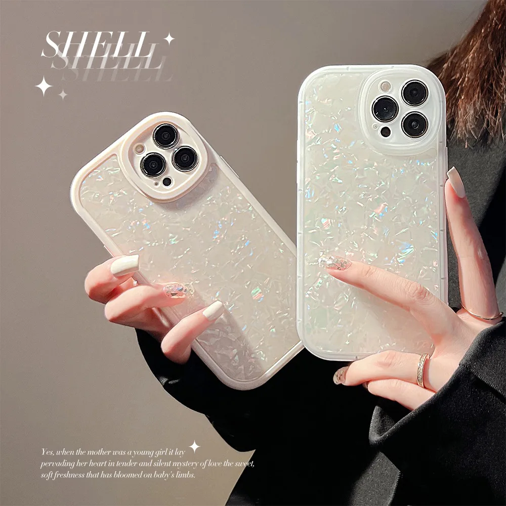 Solid Color Bling Glitter Shell Texture Phone Case For iPhone 15 14 13 12 Pro Max 11 7 8 Plus X XR XS Max Conch Pattern Cover