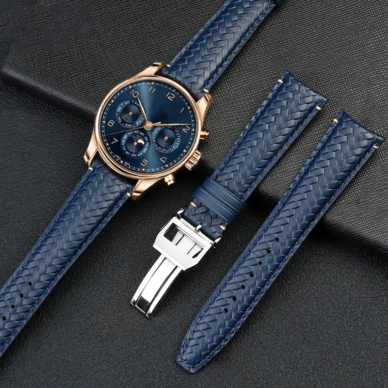 

High Quality Cowhide Woven Watchband For IWC IW344205 Portugieser Pilot Watches Portofino Blue Soft Leather Watch Strap 22mm