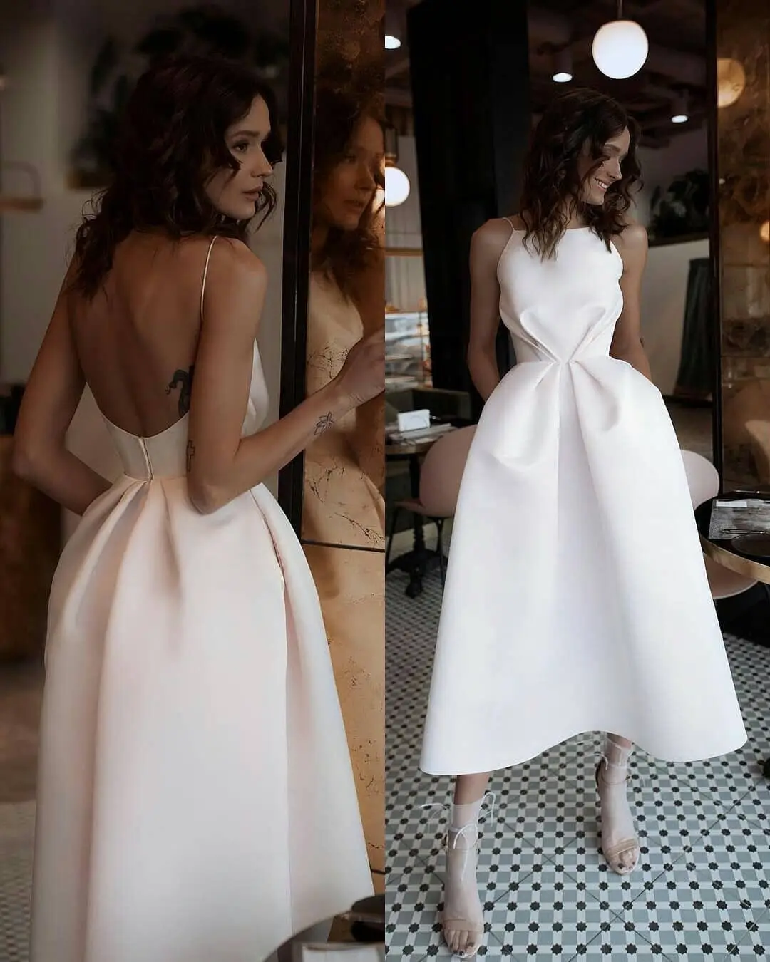 

Women's satin sleeveless prom dress A-line spaghetti strap pocket cocktail evening dress