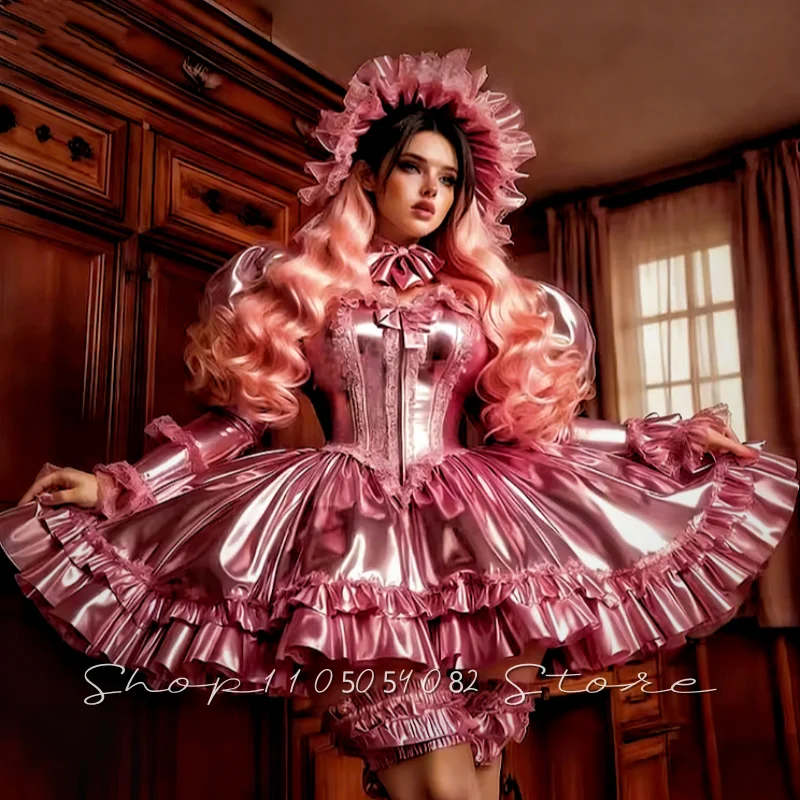 Rococo-Stil Leuchtend Rosa PVC Kurze Ballkleider Mädchenhafte Rollenspiel-Partykleider Puffärmel Rüschen Mini-Partykleid Maßanfertigung