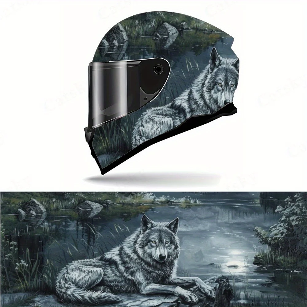 Unique Waterfront Wolf Motorcycle Helmet Decal, Waterproof Self-adhesive Helmet Vinyl Wraps Sticker, Gift for Motorcycle Lovers,