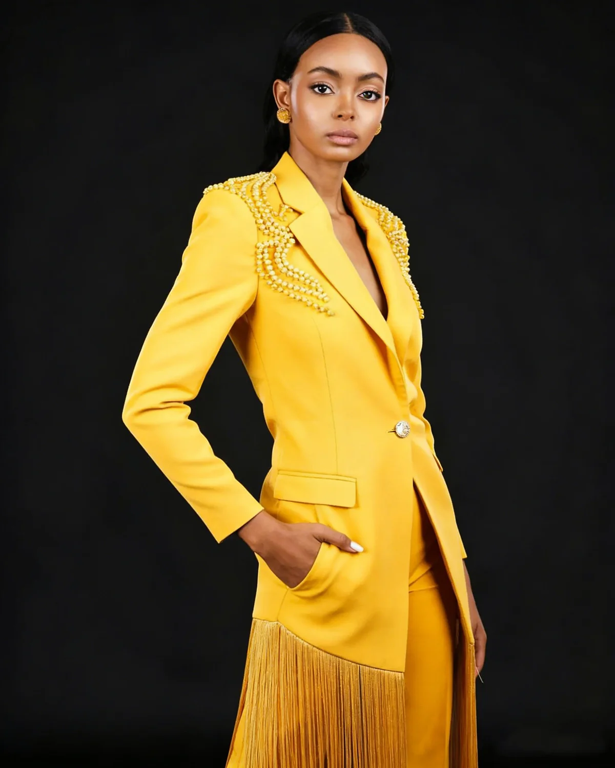 Yellow Tassel Long Women Blazer Suits Plus Size 2 Pieces Slim Fit Beads Mother Suits Customized Party Evening Outfit view 4