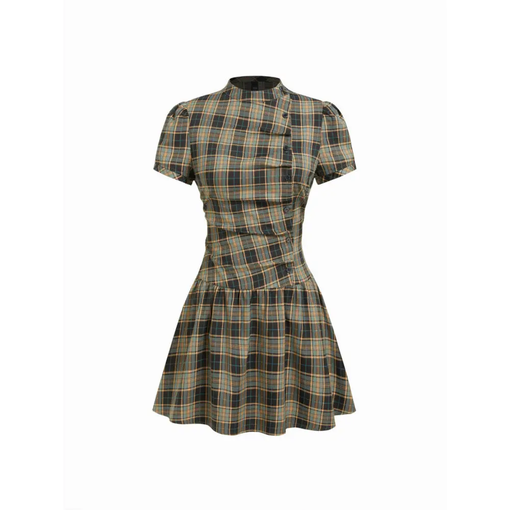 Retro plaid dress for women, summer stand up collar, slimming effect, bubble sleeves, American plaid waist cinching, lace up sho