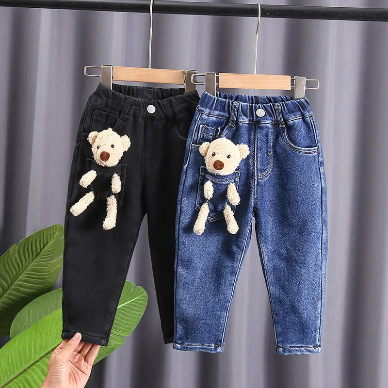 80-140cm Send Bear Spring Autumn Kids Denim Pants For Girls Cotton Casual High Quality Children Trousers Jeans Boys Clothes