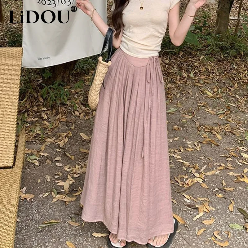 Summer Vintage Ethnic Style Wide Leg Trousers Women Elastic Waist Loose Fashion Pleated Comfortable Bandage Personality Pants