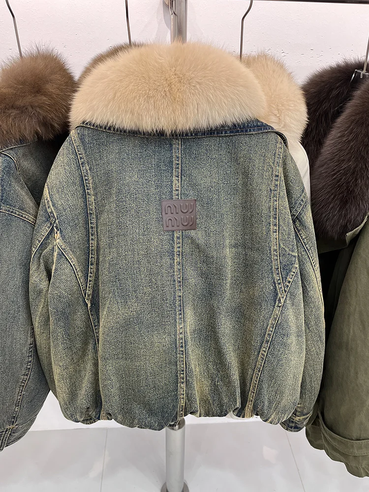 Neue Winter Luxus Weibliche Denim Jacke frauen Gans Unten Jacke Natürliche Echt Fox Pelz Kragen Mäntel Outwear