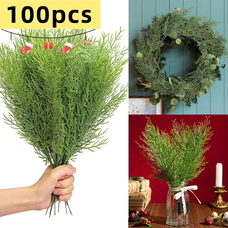 Faux Frosted Pine Branches Artificial Cedar Christmas Fake Snow Sprigs Pine Leaves Plastic Cypress Garland Wreath Home Decor NEW