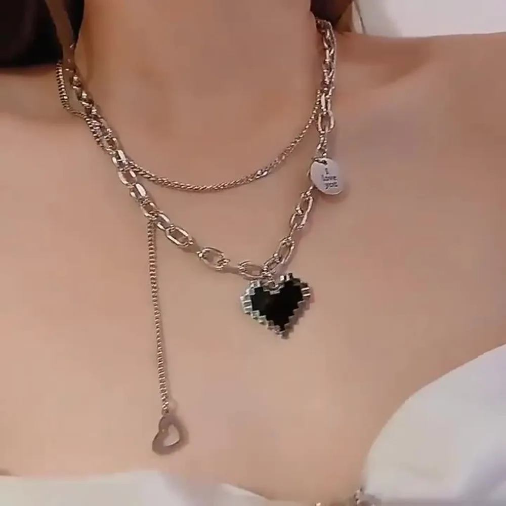 Silver Double Layer Heart Necklace, Mosaic Pixel Black Heart Pendant Y2K Aesthetic Layering Chain for Women