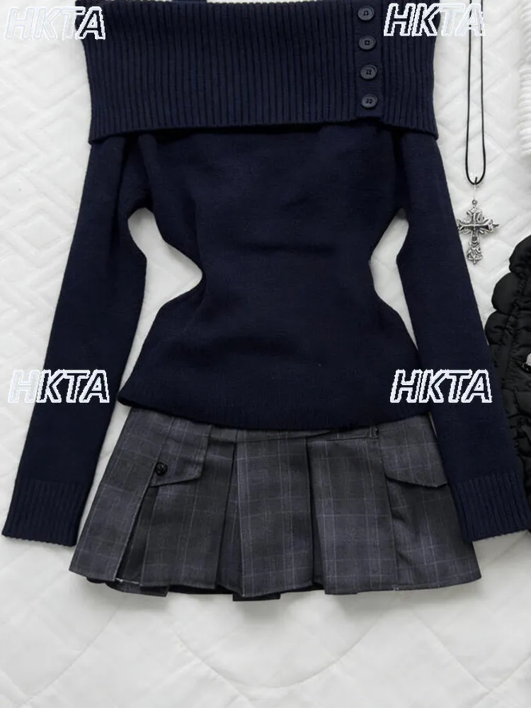 Gothique épaules dénudées mince tempérament tricoté pull hiver trajet élégant col doux à manches longues pull noir haut femmes