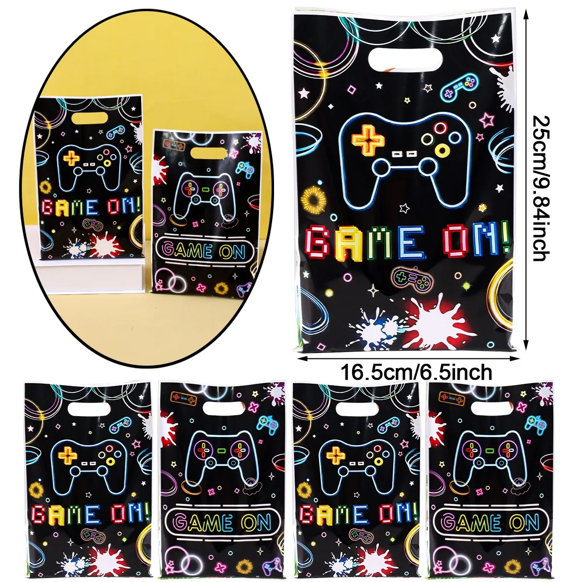 10/20/50pcs Black Game On Neon Gift Bags Game Controller Pattern Plastic Bags with Handle for Birthday Video Gamer Party Decor