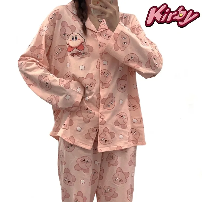 Kirby Cotton Long-sleeved Pyjama Set Cute Cartoon Cardigan Loungewear Soft Pajamas Holiday Gifts for Couples Embroidery Girls