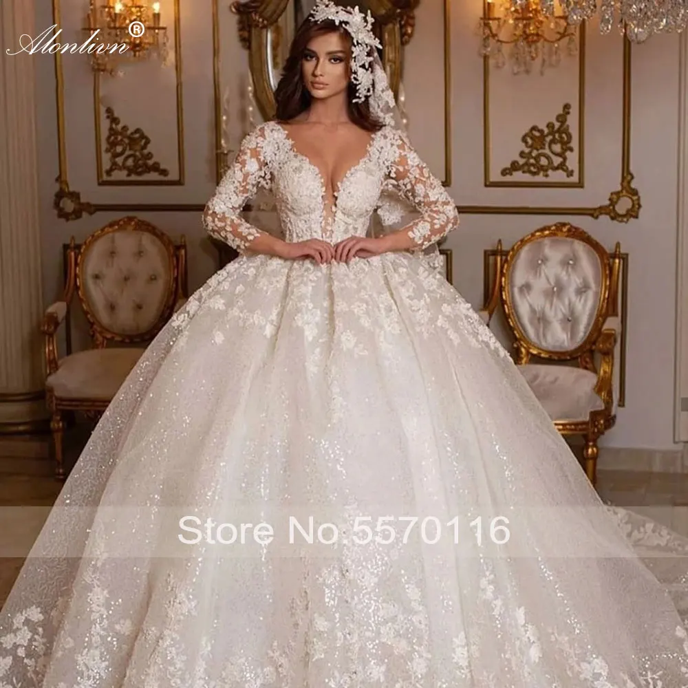 Alonlivn Gorgeous Sexy V Neckline 3/4 Sleeve Ball Gown Wedding Dress With Pearls Beads Lace