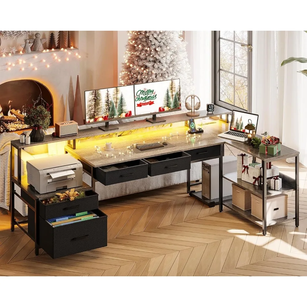 

L Shaped Desk with 5 File Drawers,Power Outlet & LED Strip, Office Desk with Storage Shelves, Gaming Desk with Monitor Shelf