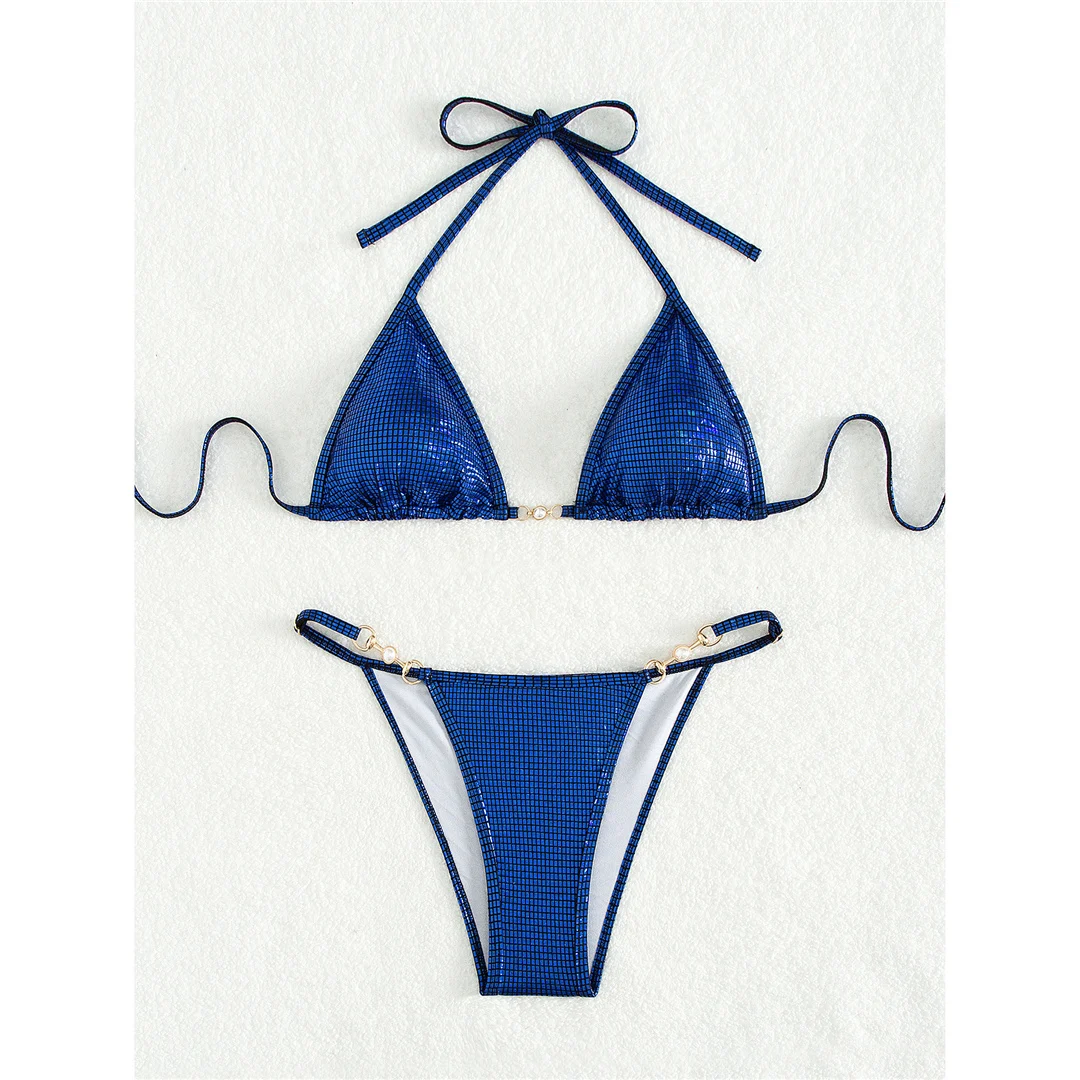 Sexy Perlen-Karomuster-Bikini mit Neckholder, Damen-Badeanzug, zweiteiliges Bikini-Set, Badeanzug mit hohem Beinausschnitt, Badebekleidung, Modell V6025. – Detail 11