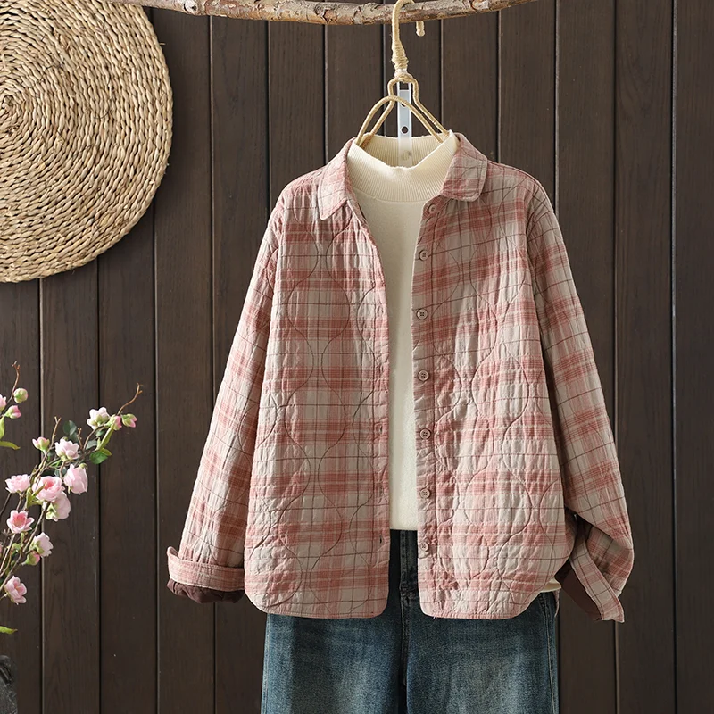 

Plaid Shirt Cotton Jacket Women Winter Casual Sweet Turndown Collar Long Sleeved Coat Korean Style Fashion Single Breasted Top