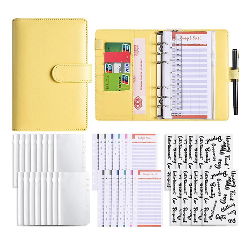 1 Set untuk hemat uang Organizer sistem uang tunai A6 pencari anggaran perencana 6 lubang 8 ritsleting amplop 2 stiker dalam satu dompet NoteBook