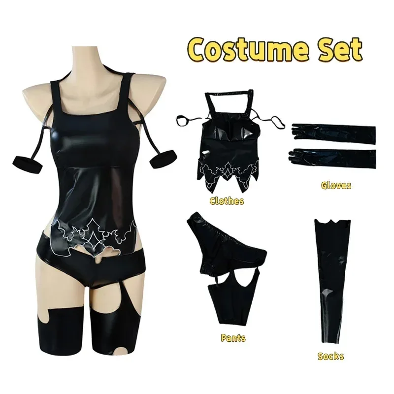 NieR:Automata YoRHa tipo A No.2 disfraz de Cosplay A2 negro PU Tops pantalones cortos mujer Sexy carnaval fiesta de Halloween Suitx;8's,6;