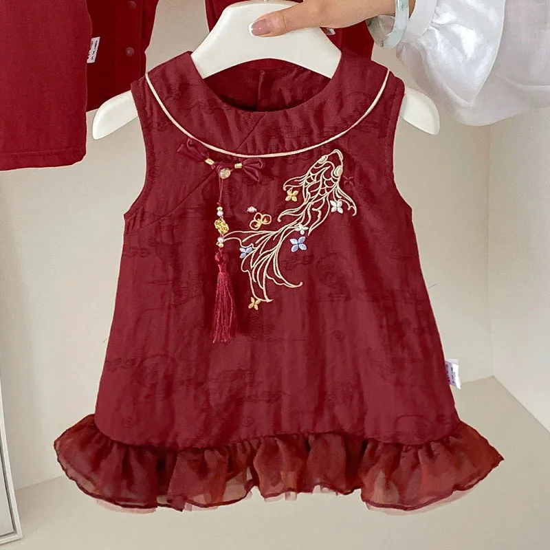 Summer Baby Girl Clothes Chinese Style New Year Cartoon Cute Embroidery Sleeveless Cotton Red Kids Dresses Toddler Dress B300