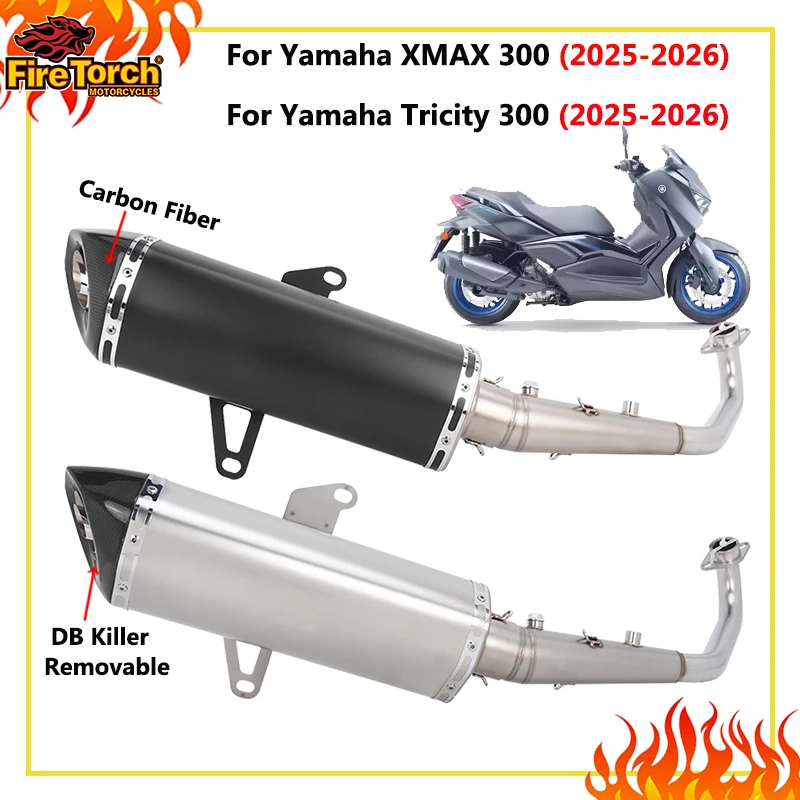 For Yamaha XMAX 300 Tricity 300 XMAX300 2025 2026 Motorcycle Exhaust System Escape Two Sensors Header Pipe Carbon Fiber Muffler