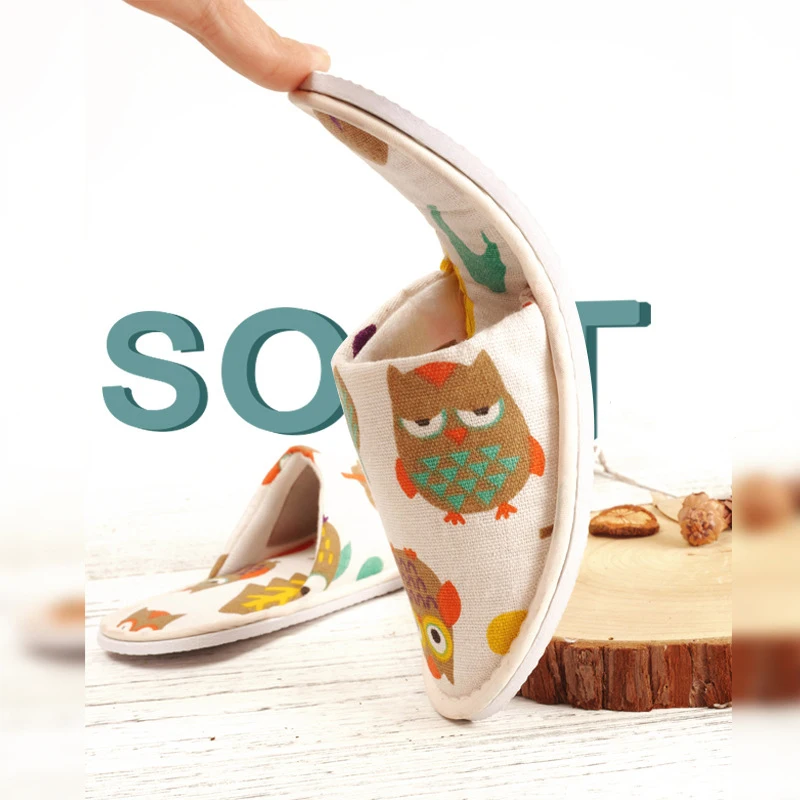 Hotel Travel Disposable Women Men Owl Print Slippers Party Sanitary Home Guest Use Fluffy Closed Toe Female Slippers Indoor Shoe