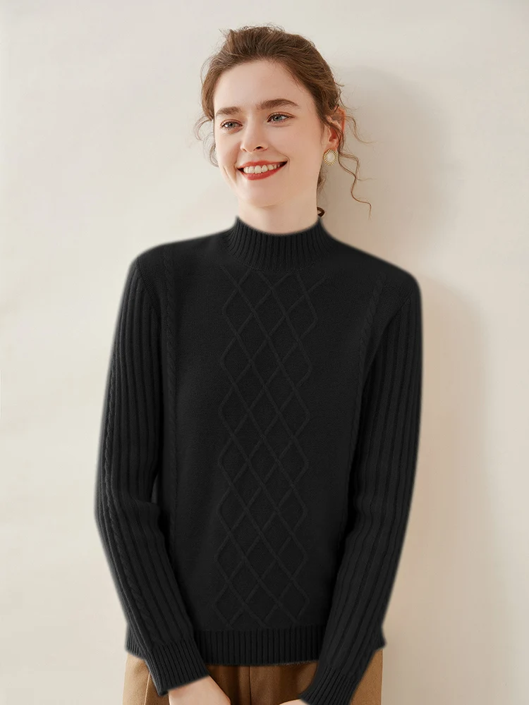 Autumn Winter Mock-neck Pullovers 100% Cashmere Sweater For Women Thickened Warm Cashmere Basic Knitwear Korean Fashion Tops