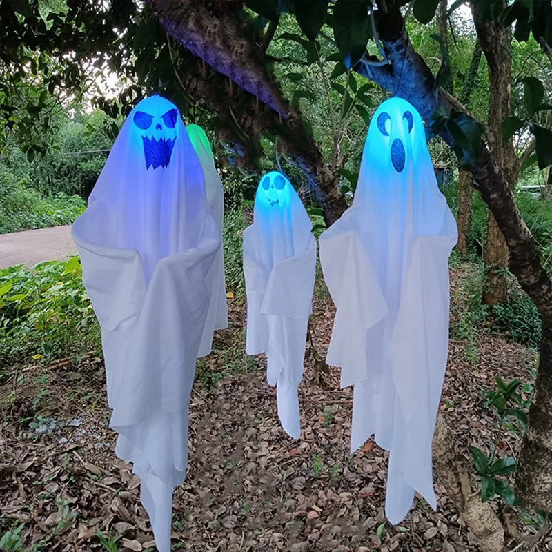 Halloween Hanging Ghosts Decorative Horror Props 27.5 Inches 3 Expressions Cute Flying Ghost Windsock For Front Yard Patio Lawn