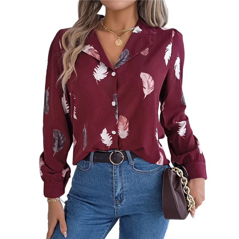 CGS-Bluse für Damen, langärmelig, lässiges Arbeitshemd, elegantes bedrucktes Revers, lockere Passform, Tunika, Bürokleidung, Oberteil