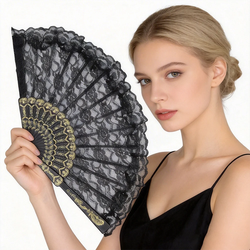 Lolita Fan Lace Handheld Chinese Folding Fan Gothic Victorian Women's Vintage Rose Bamboo Fan Cosplay Halloween Party Supplies
