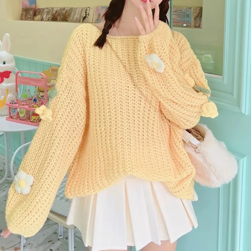Japanese Sweet Three-dimensional Flower Loose Pullover Sweater Women's Autumn  Lazy Wind Bubble Sleeves Versatile Knitted Top