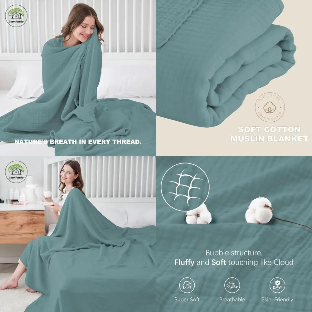 

Хлопковое муслиновое одеяло в стиле бохо — легкая, дышащая марля на весну, зеленое, 80x90