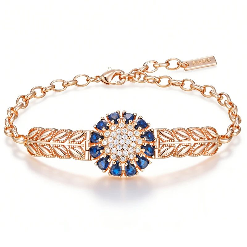 Kinel Luxury 585 Rose Gold Color Bracelet For Women Fashion Shiny Blue Natural Zircon Accessories Vintage Ethnic Wedding Jewelry