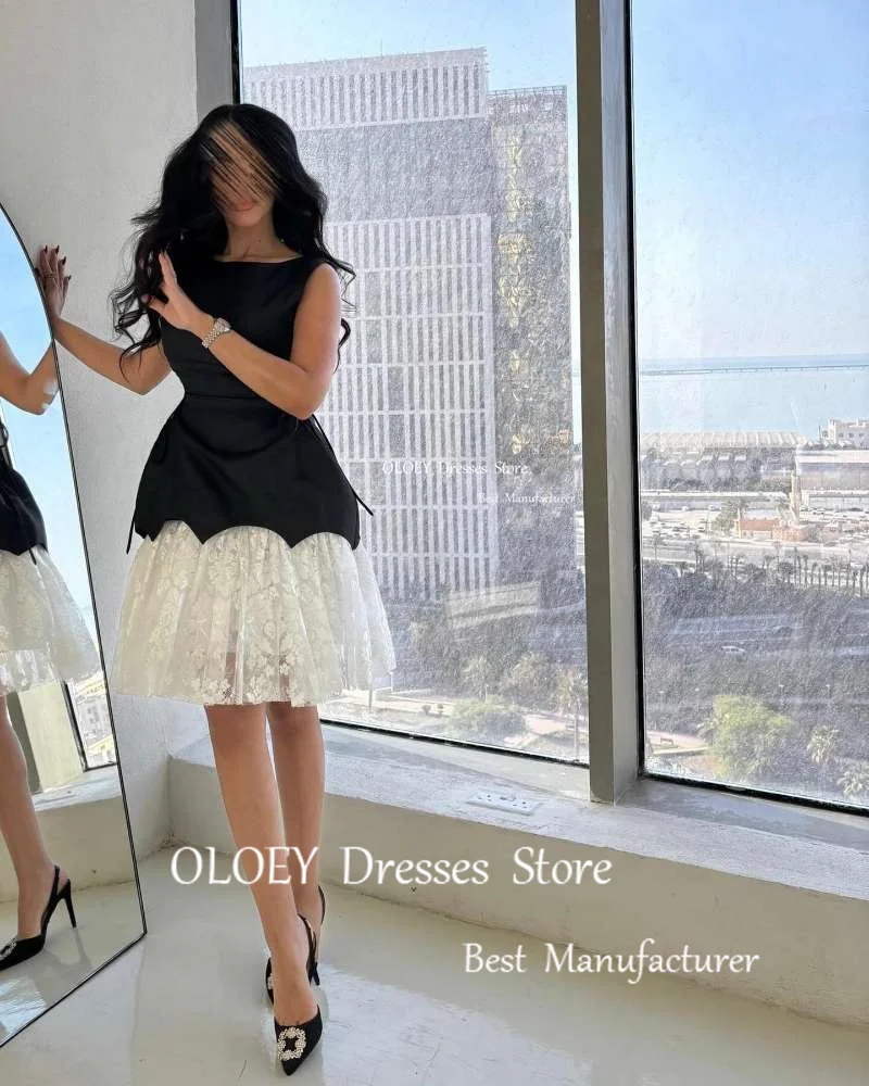 

OLOEY Classic White And Black Short Party Dresses Arabic Women Lace Mini Sexy Cocktail Dress Night Event Dress