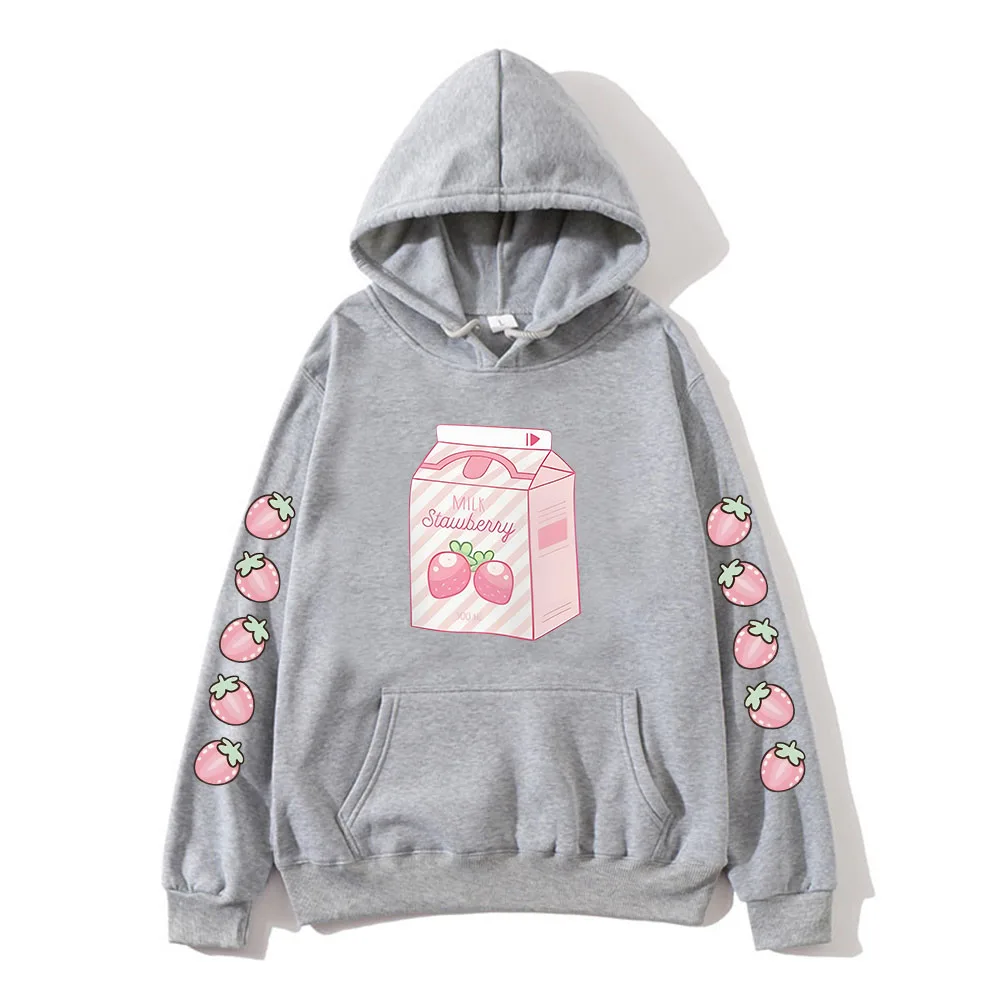 Strawberry Milk Cute Cartoon Graphic Printed Hooded Plus Size Hoodie Women Clothes Aesthetic Prevalent Female Warm Streetwear