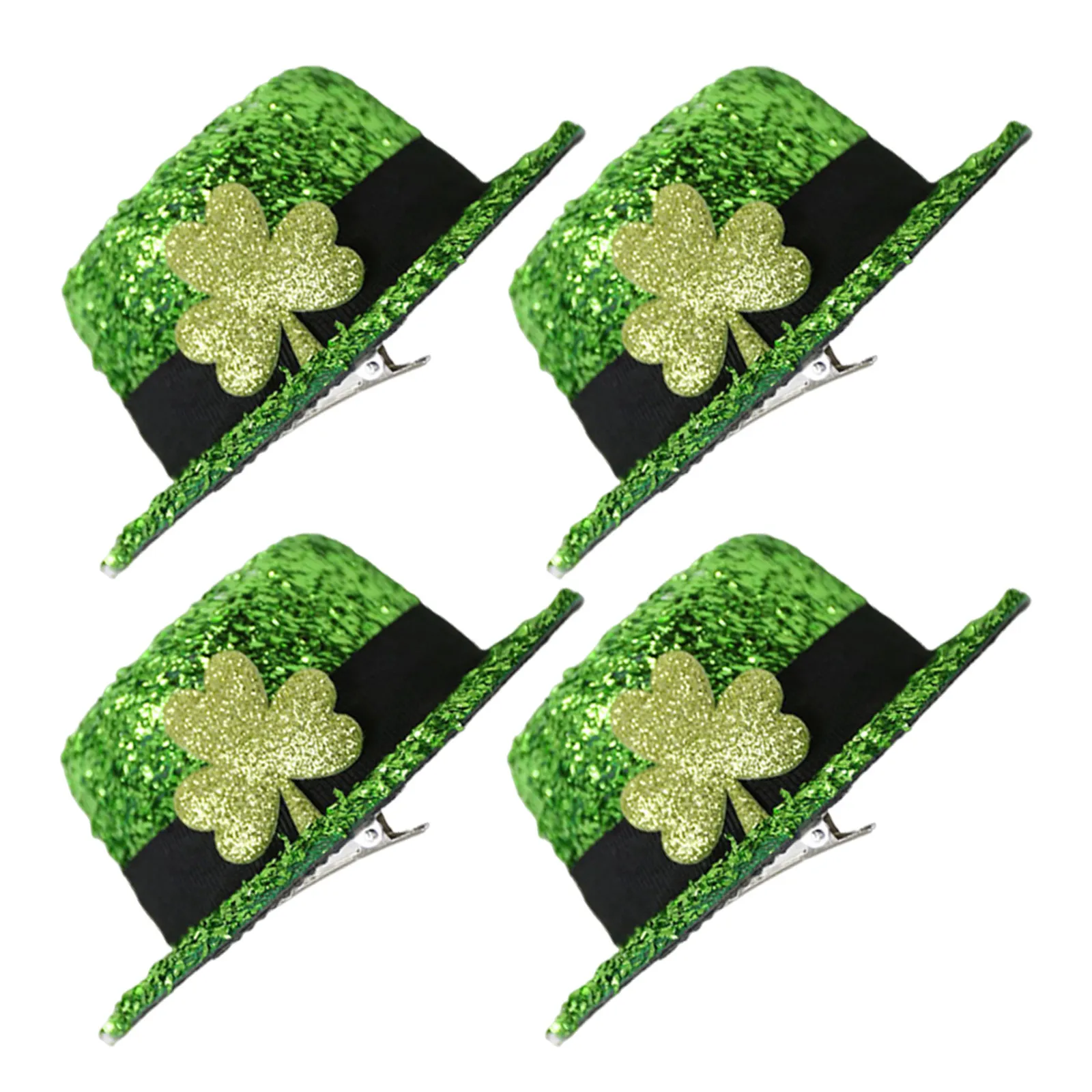 

4Pcs Festive Barrettes St Patricks Day Mini Top Hat Hair Clips Glitter Shamrock Design Irish Green Hair Accessories for Women