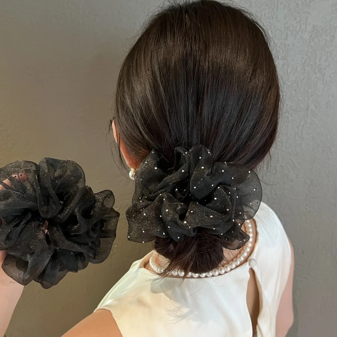 

14cm Korean Woman Spot Drilling Black Gauze Elastics Hair Band Lady Versatile Scrunchies Girl Ponytail Holder Hair Accessories