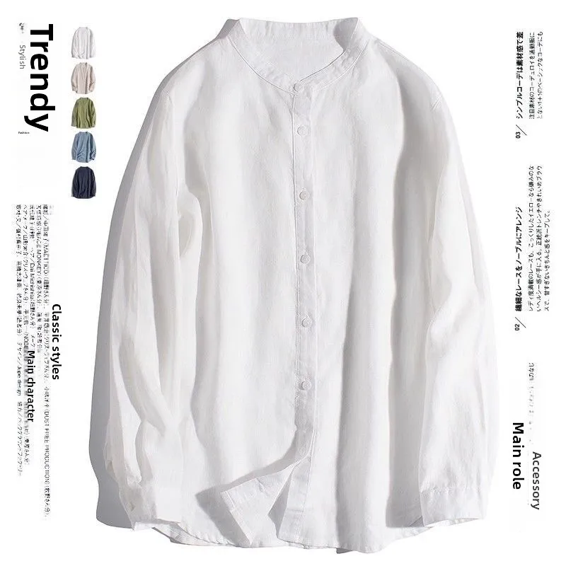 

Повседневный льняной длинный воротник-стойка с воротником-стойкой, базовый, дышащий, летний, модный, универсальный, свободный, белый, для женщин