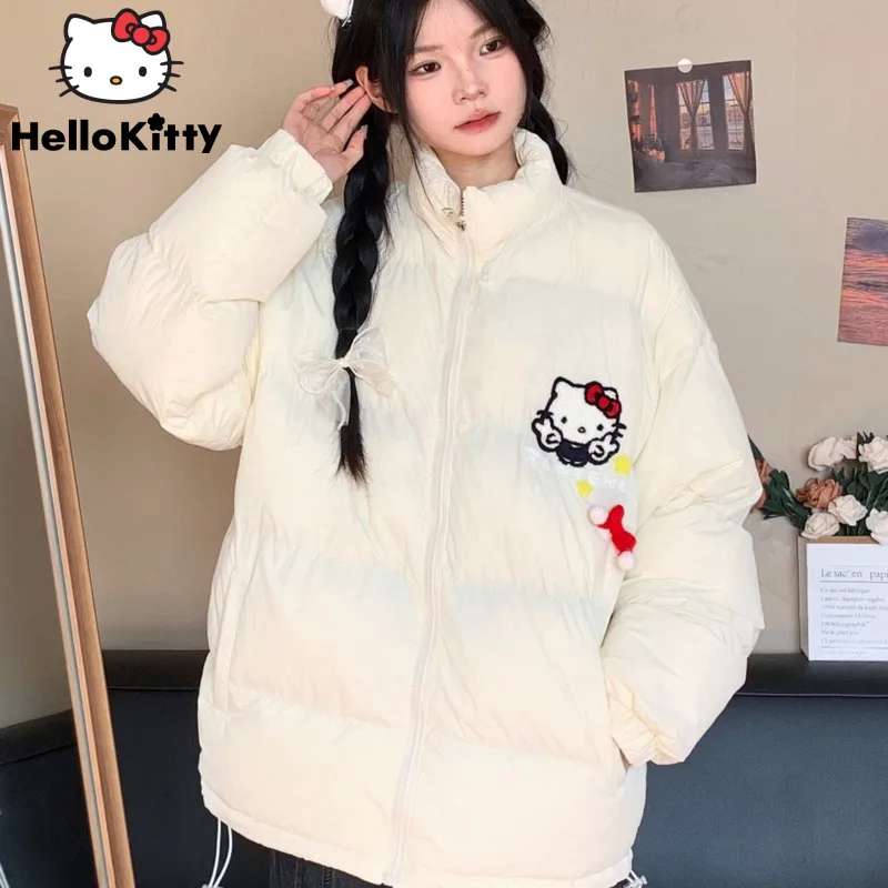 Sanrio Hello Kitty Autumn Winter Sweet Padded Jacket Women Korean Style Soft Cotton Coat Y2k Clothes Fashion Zipper Cardigan Top