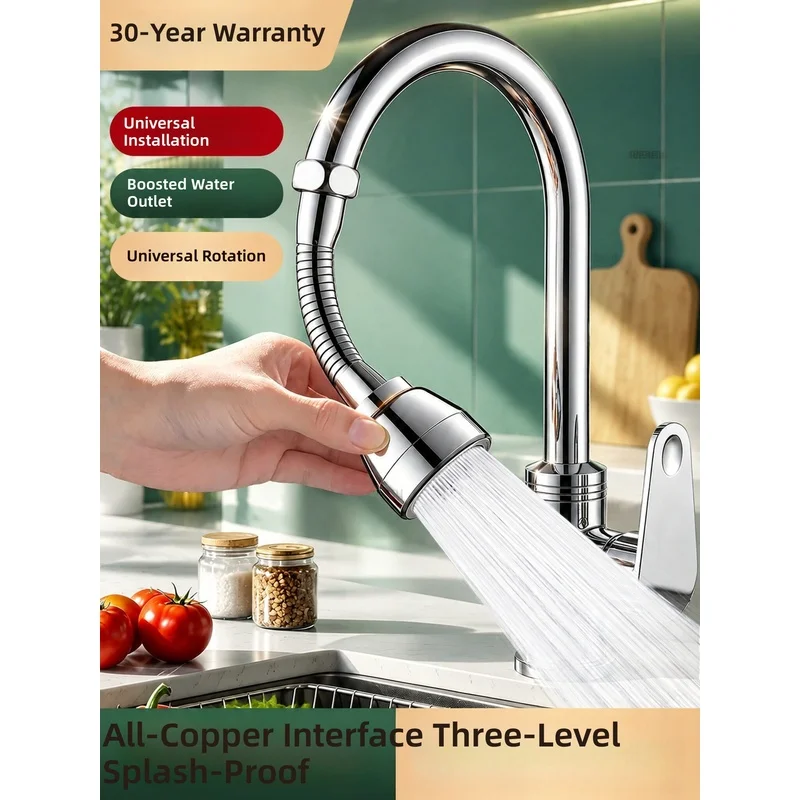 Genuine all-copper kitchen sink faucet with a universal swivel extender—versatile, rotatable, pressure-boosting, and splash‑p...
