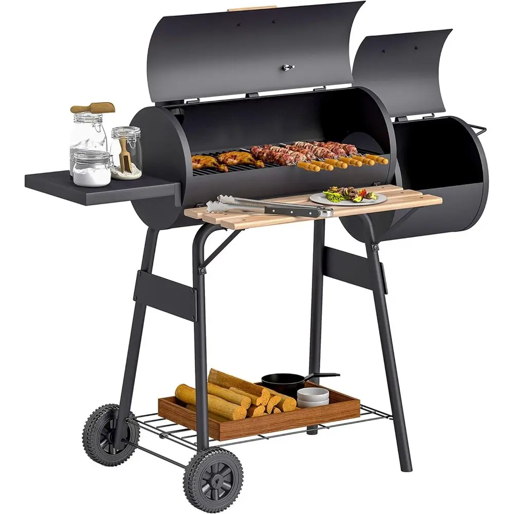 Barrel-Style BBQ Grill and Smoker with 231 Sq. In. Cooking Area, Side Tables, Thermometer, and Wheels for Outdoor Parties