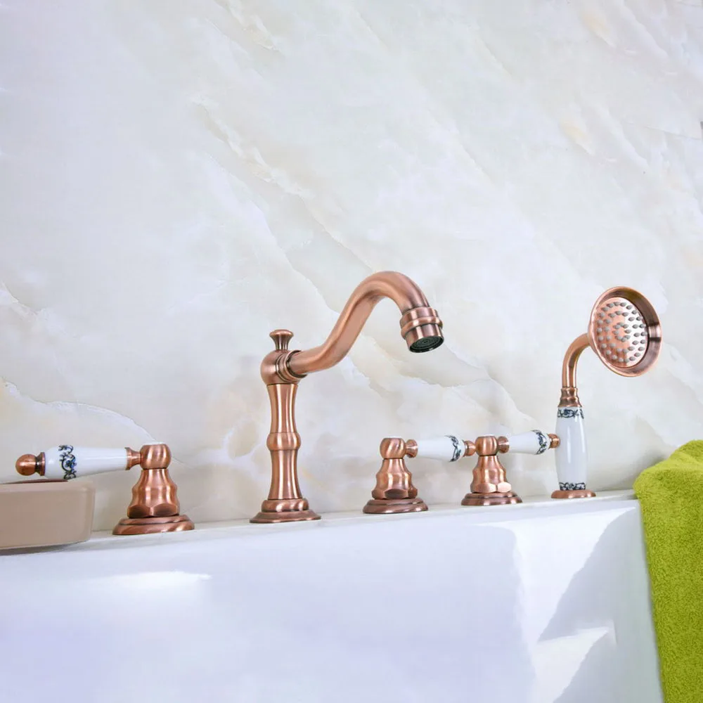 

Antique Red Copper Five Hole Deck Mounted Bathroom Tub Faucet Set with 150CM Handheld Spray Shower Mixer Tap 2tf224