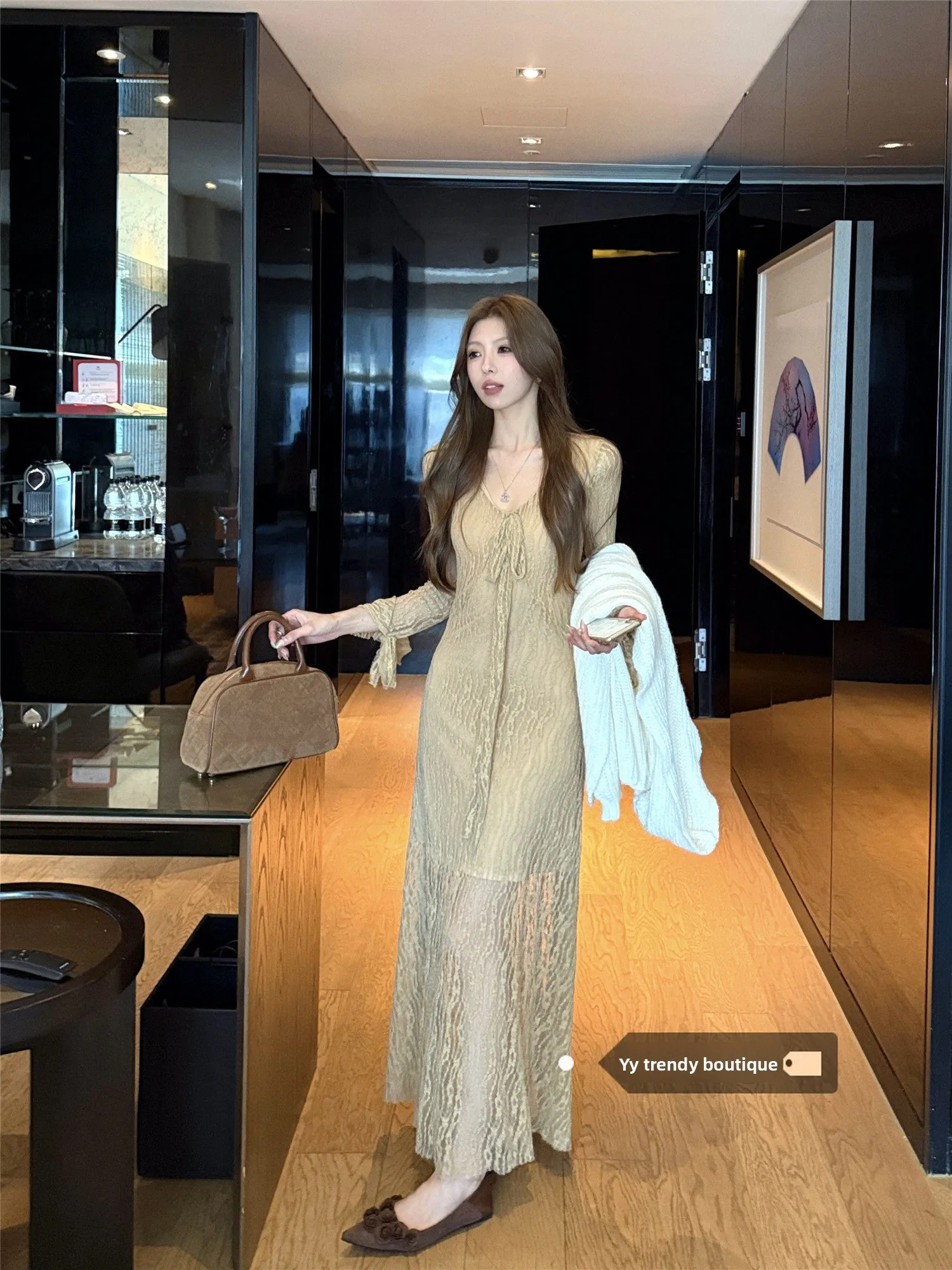 

Ele V-ne Lace Long Sve Dr Women's Faion Slim Fit Winter New Sle Belted Gown Pure Desire Sle Casual Wear