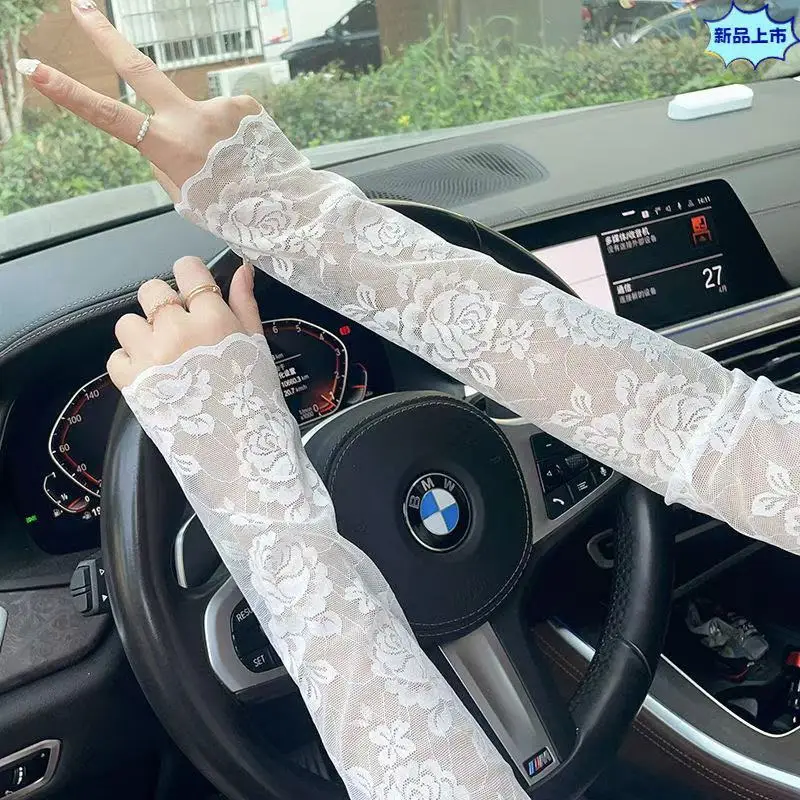 

Summer Ice Silk Sleeve Women's Elastic Lace Embroidered Long Arm Sleeves Breathable Driving Cycling Scar Cover Sleeves