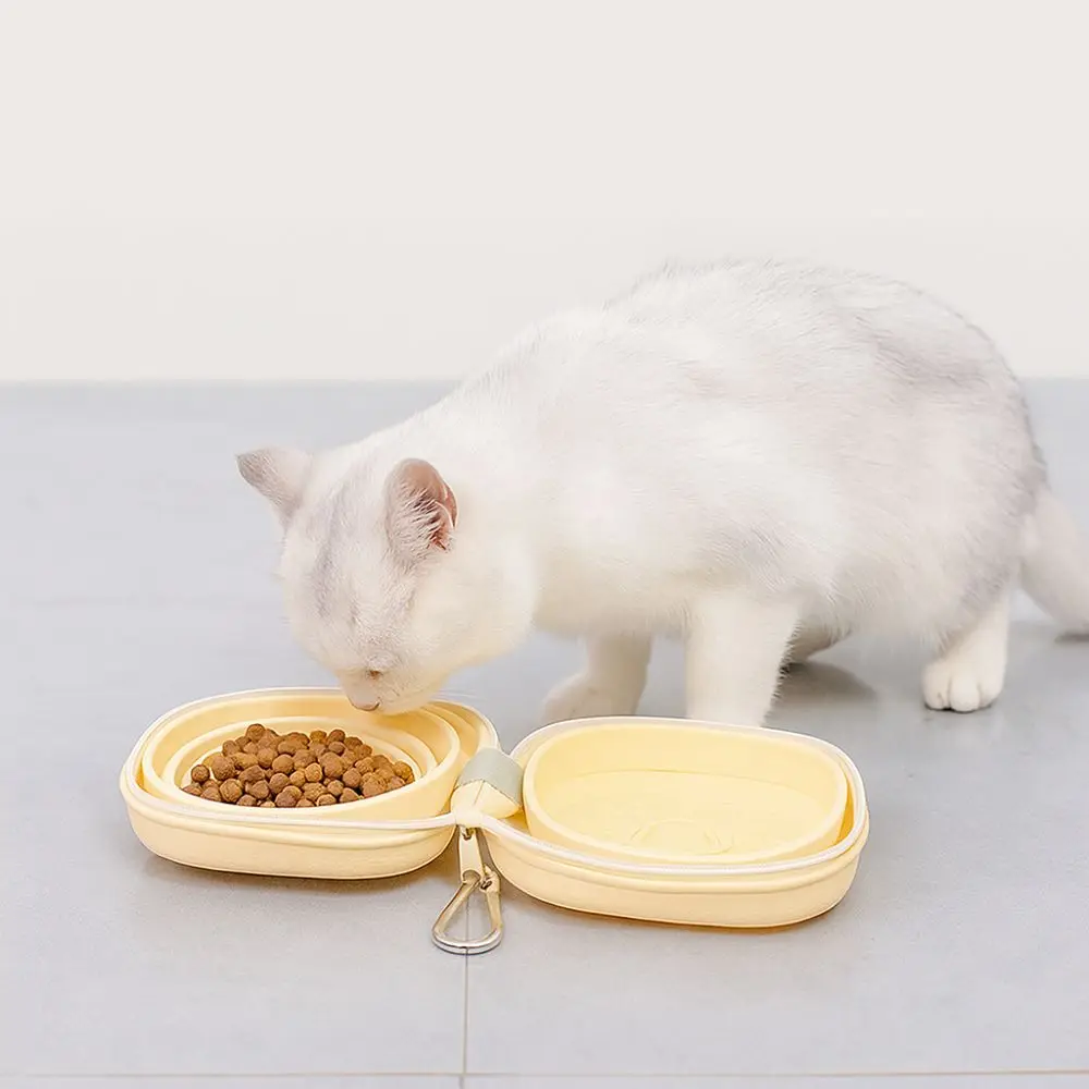 Portable Cat Silicone Folding Bowl Collapsible Integrated Type Cat Double Bowl with Zipper Pet Outdoor Drinking Bowl Travel