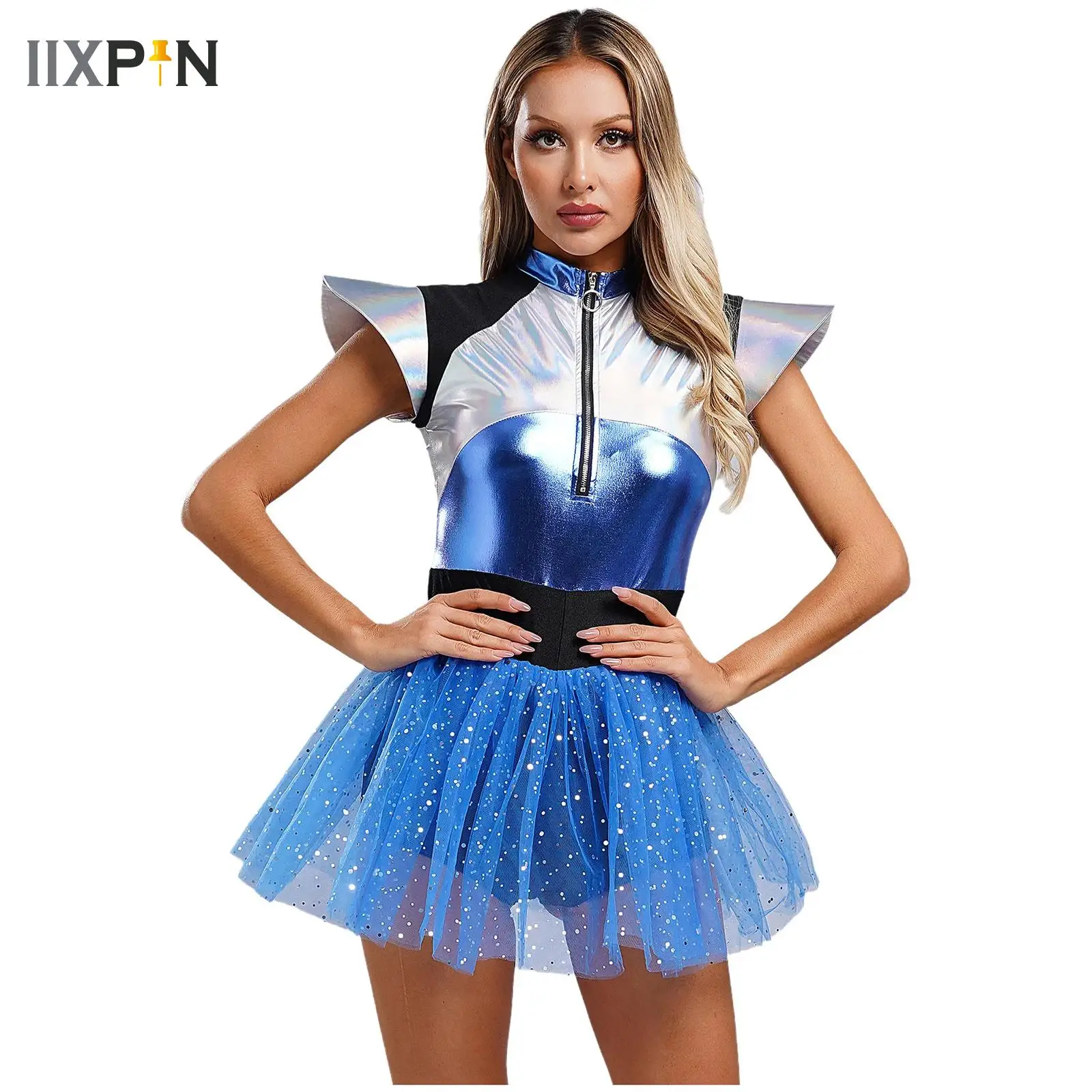 

Womens Adult Astronaut Cosplay Costume Fly Sleeve Sequined Tulle Dress Halloween Space Cadet Alien Robot Clothes Tutu Dresses