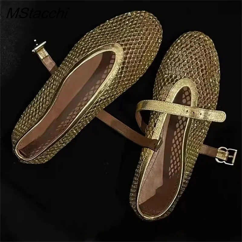 Sommer Mesh Falts Schuhe Frauen Sandalen Atmungsaktive Ballett Komfortable Mary Jane Freizeit Schnalle Frauen Müßiggänger Schuhe 2024